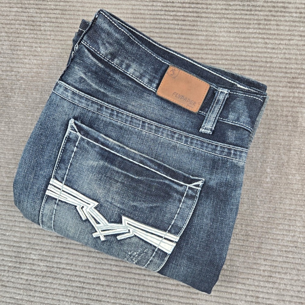 Flypaper Mens 38x32 Blue Distressed Embroidered Boot Cut Jeans